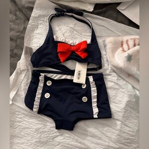 Navy Sailor Two-Piece Bikini with Red Bow NWT 12-18